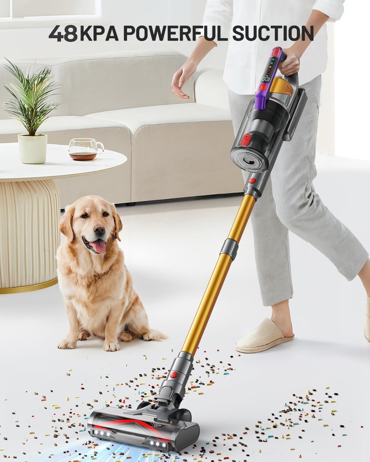 Cordless Vacuum Cleaner, 580W 48KPA 70Mins Vacuum Cleaners for Home, Self-Standing Stick Vacuum with Aromatherapy & LED Display Screen, Stick Vacuum Cordless Rechargeable for Pet Hair/Carpets (Gold)