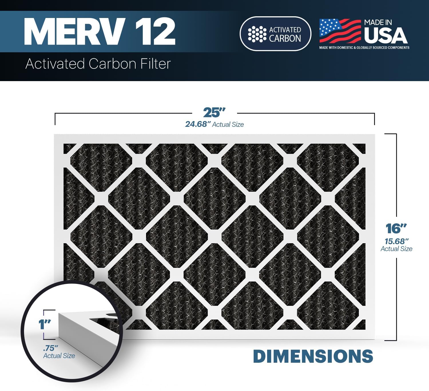 BNX TruFilter 16x25x1 MERV 12 Odor Defense (4-Pack) AC Furnace Air Filter with Activated Carbon - MADE IN USA - Pleated Air Conditioner HVAC AC Furnace Filters - Removes Odor, Mold, Bacteria, Smoke