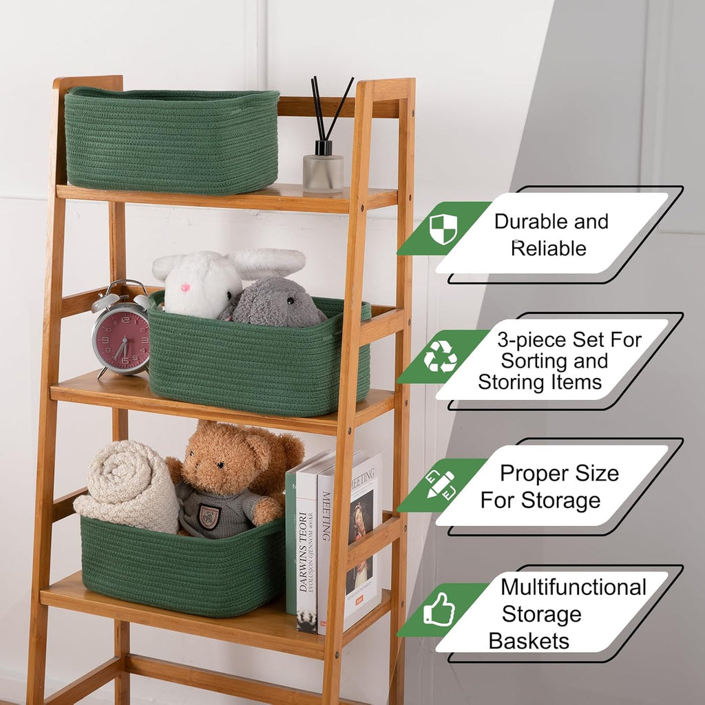 OIAHOMY Cotton Rope Woven Baskets for Storage, Nursery Rectangle Storage Basket with Handles for Shelves, Pack of 3, Green