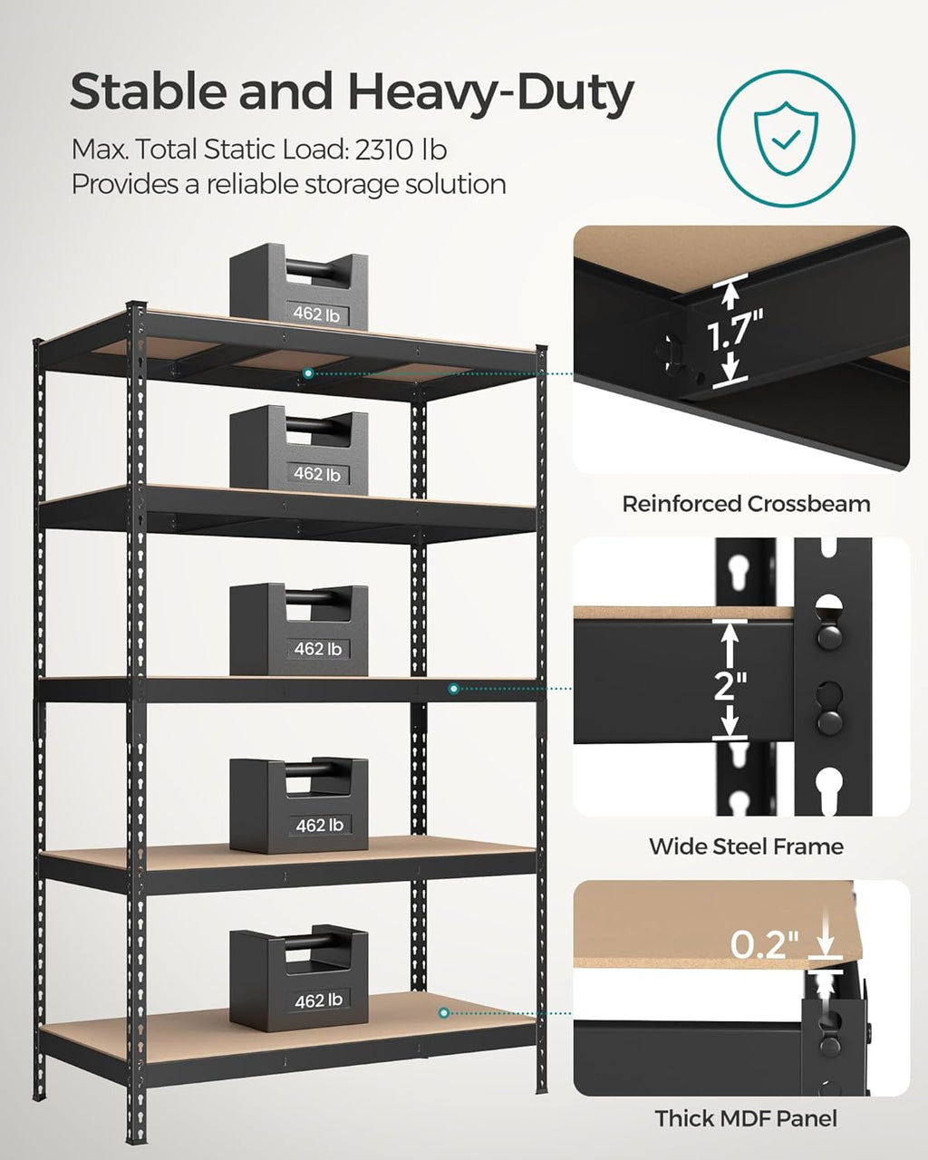SONGMICS 5-Tier Storage Shelves, Load 2310 lb, Set of 2 Garage Storage, Boltless Assembly, Adjustable Shelving Unit, 23.6 x 47.2 x 70.9 Inches, for Study Shed Basement, Black UGLR600B02