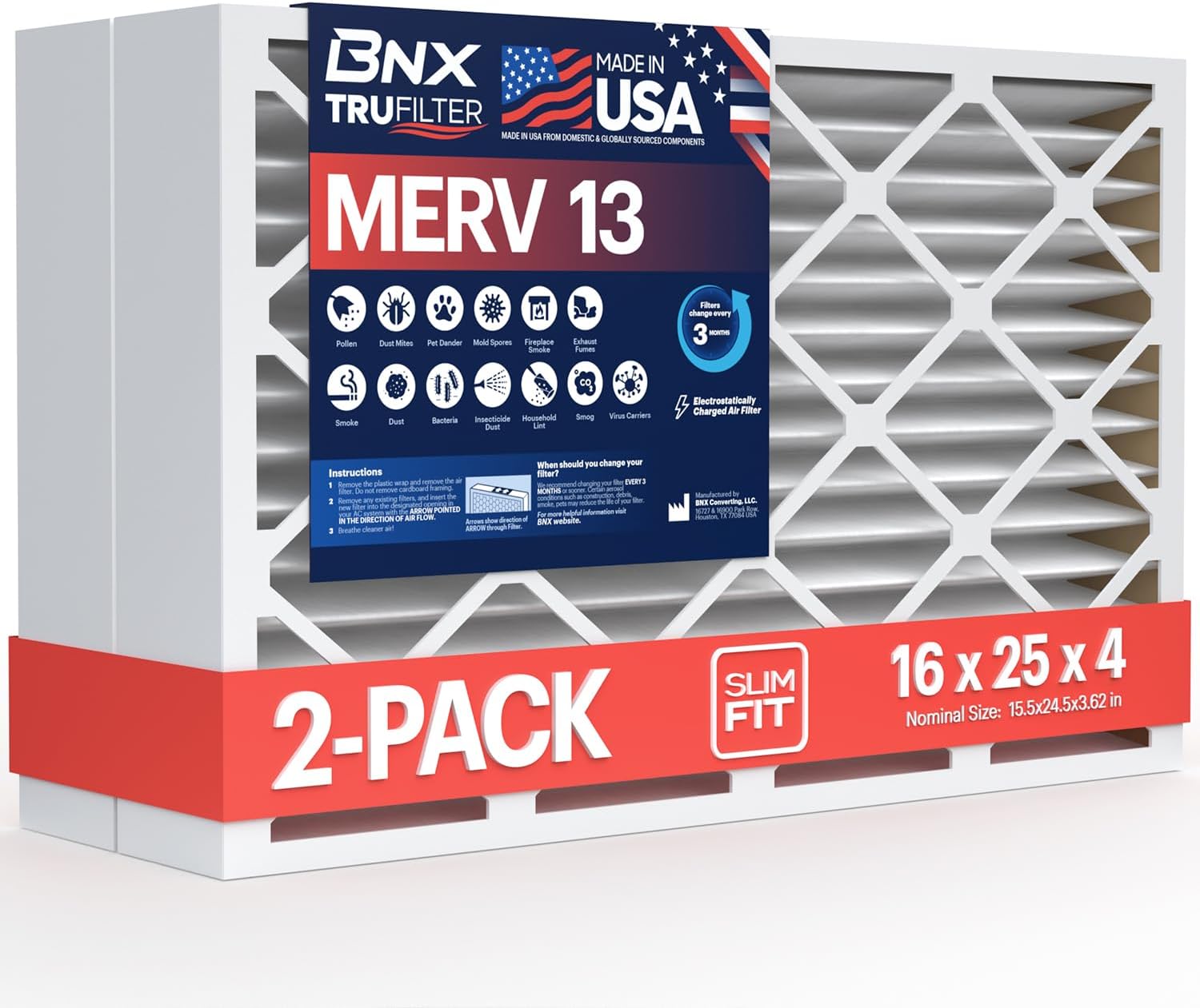 BNX TruFilter 16x25x4 (15.5’’ x 24.5’’ x 3.63‘’ Slim Fit) MERV 13 Air Filter (2-Pack) - MADE IN USA - Air Conditioner HVAC AC Furnace Filters Health, Allergies, Mold, Bacteria, Smoke, MPR 1900 FPR 10