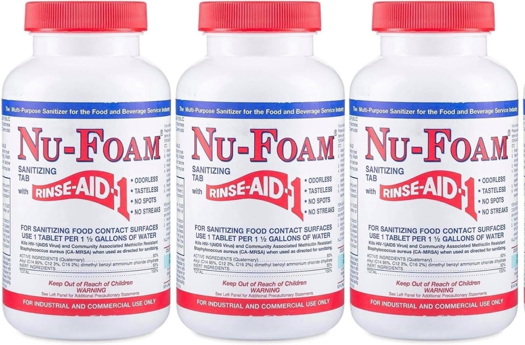 Nu-Foam Sanitizing Tablets for Bar Glassware – Superior Rinse Aid - Hand Washing Bar, Tavern, Brewery Supplies - Spotless Serving Glasses - 3 Pack 300 Tablets/ 1,800 Quarts Sanitizing Solution