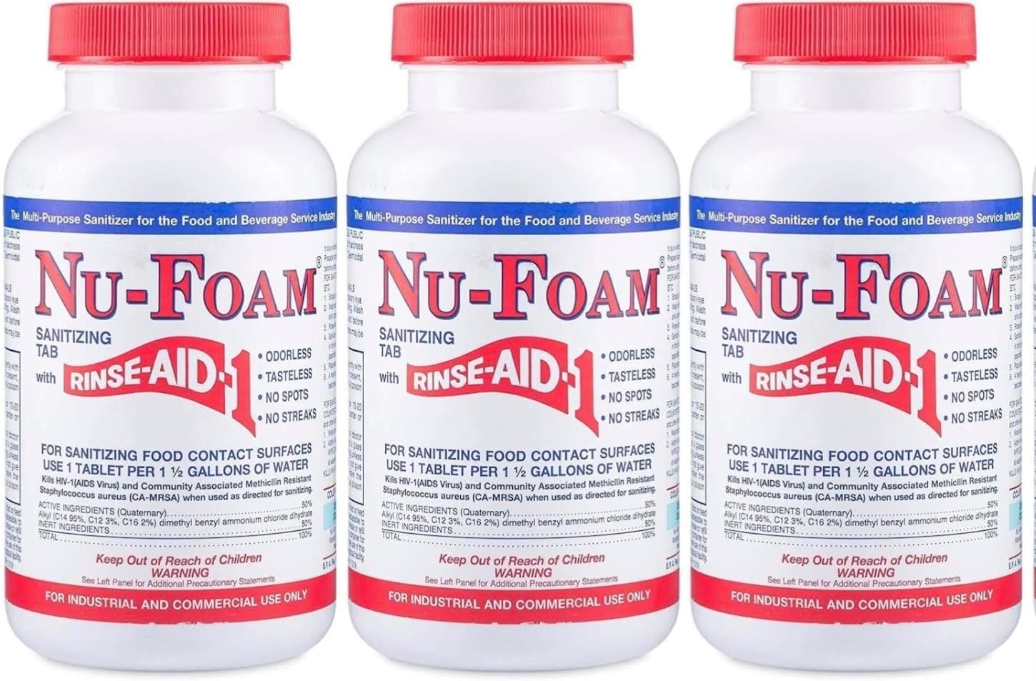 Nu-Foam Sanitizing Tablets for Bar Glassware – Superior Rinse Aid - Hand Washing Bar, Tavern, Brewery Supplies - Spotless Serving Glasses - 3 Pack 300 Tablets/ 1,800 Quarts Sanitizing Solution