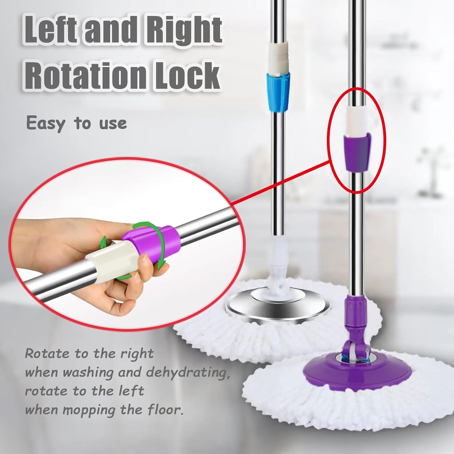Extended Spin Mop Replacement Mop Handle, Upgraded 60-inch 360 Degrees Rotating Telescopic Replacement Mop Stick for Spin Mop Bucket Cleaning System Floor Cleaning (Plastic Disc, Red)