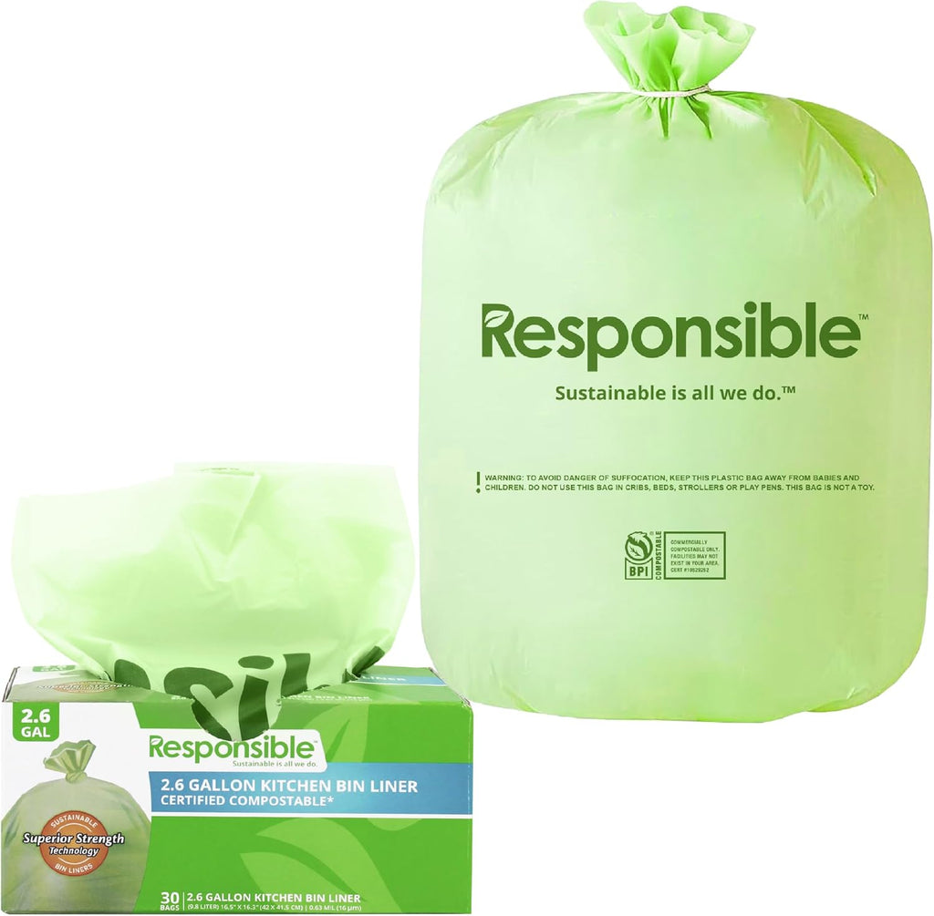 Responsible Products Kitchen Bin Liners, Certified Compostable, Heavy Duty Multipurpose Food Scrap Bags, Made from Compostable Materials (2.6 Gallon Flat Top, 2.6 Gallon (30 Count))