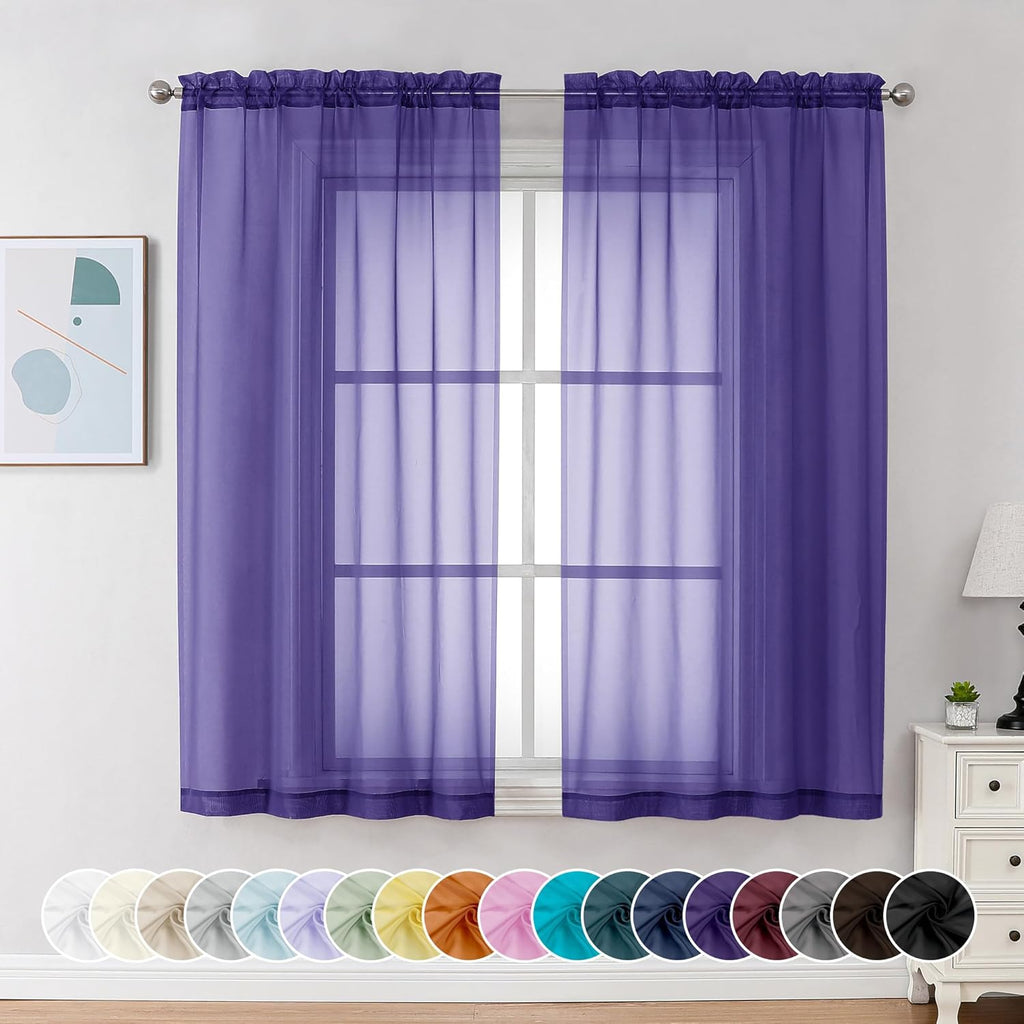 Chyhomenyc Sheer Curtains 63 Inch Length 2 Panels, Light Filtering Rod Pocket Window Sheer Curtain Drapes for Bedroom Living Room, 42Wx63L, 2 Panels, Purple