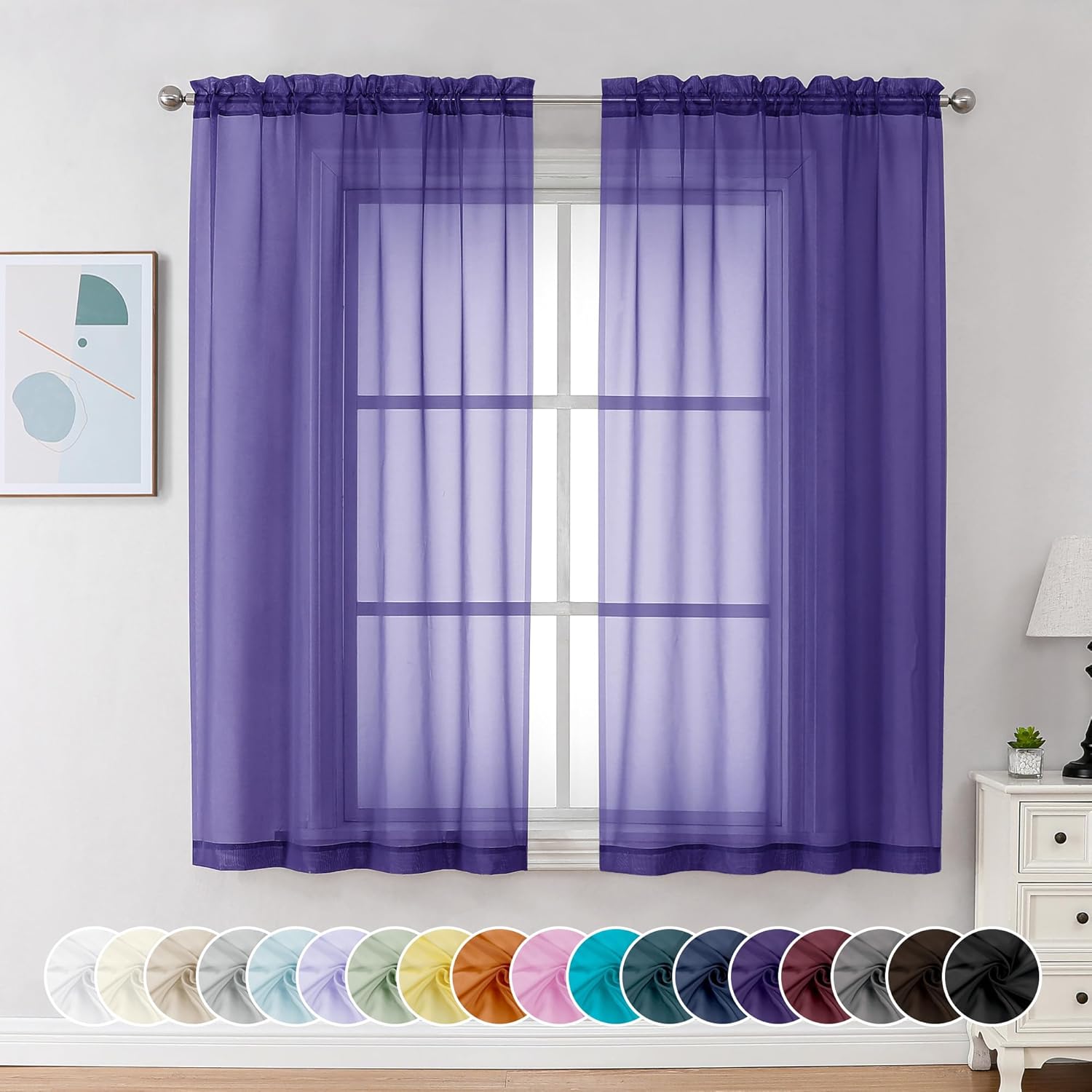 Chyhomenyc Sheer Curtains 63 Inch Length 2 Panels, Light Filtering Rod Pocket Window Sheer Curtain Drapes for Bedroom Living Room, 42Wx63L, 2 Panels, Purple