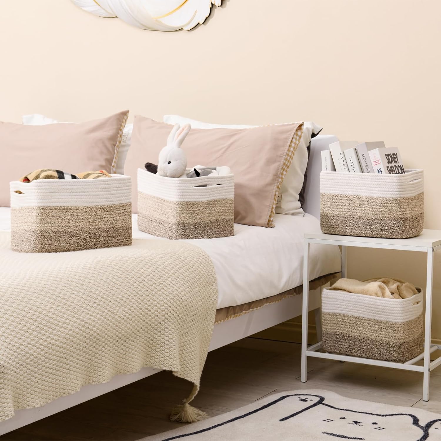 Shelf Baskets for Organizing, Storage Baskets for Shelves, Woven Baskets for Storage, Cotton Rope Baskets with Handles for Toy, Book, Clothes, 12.5"Lx9.1W"x7.9H", (4 Packs) Gradient Brown