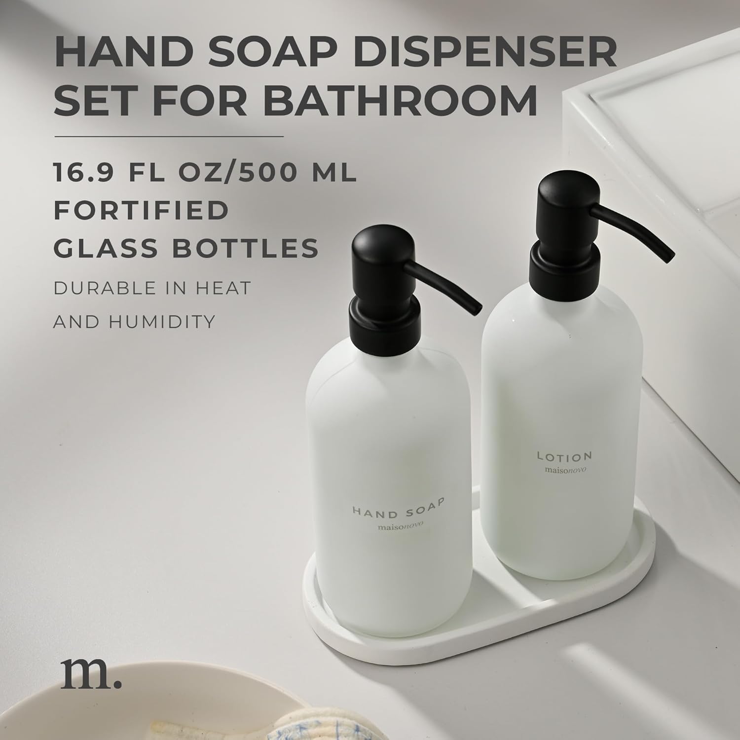 MaisoNovo Soap Dispenser 3-Piece Set | 16.9oz White Bottles with Black Stainless Steel Pumps