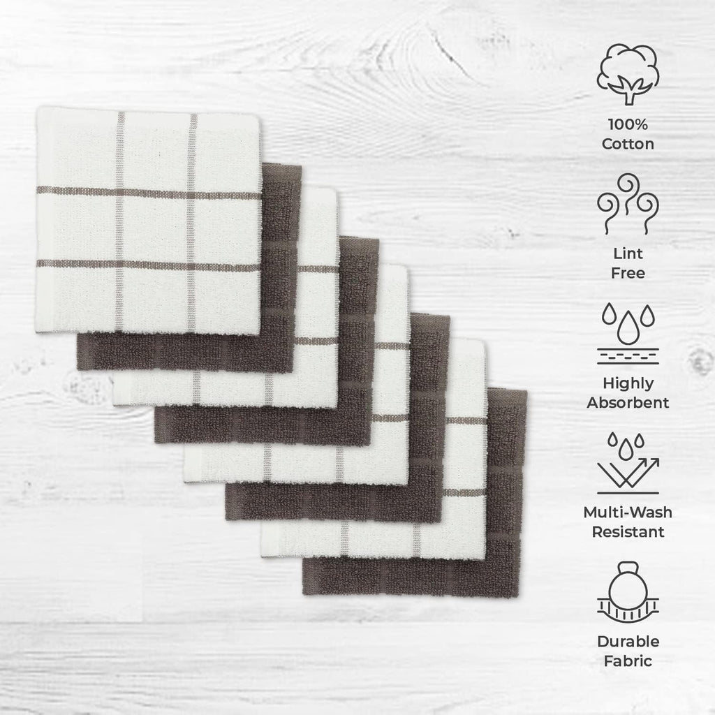 100% Cotton Terry Dish Cloth & Dish Towel, 6 Pack, Super Soft and Absorbent Kitchen Towels, Perfect for Kitchen Cleaning and Dish Washing (Grey (Solid and Checks) 8 Pack)