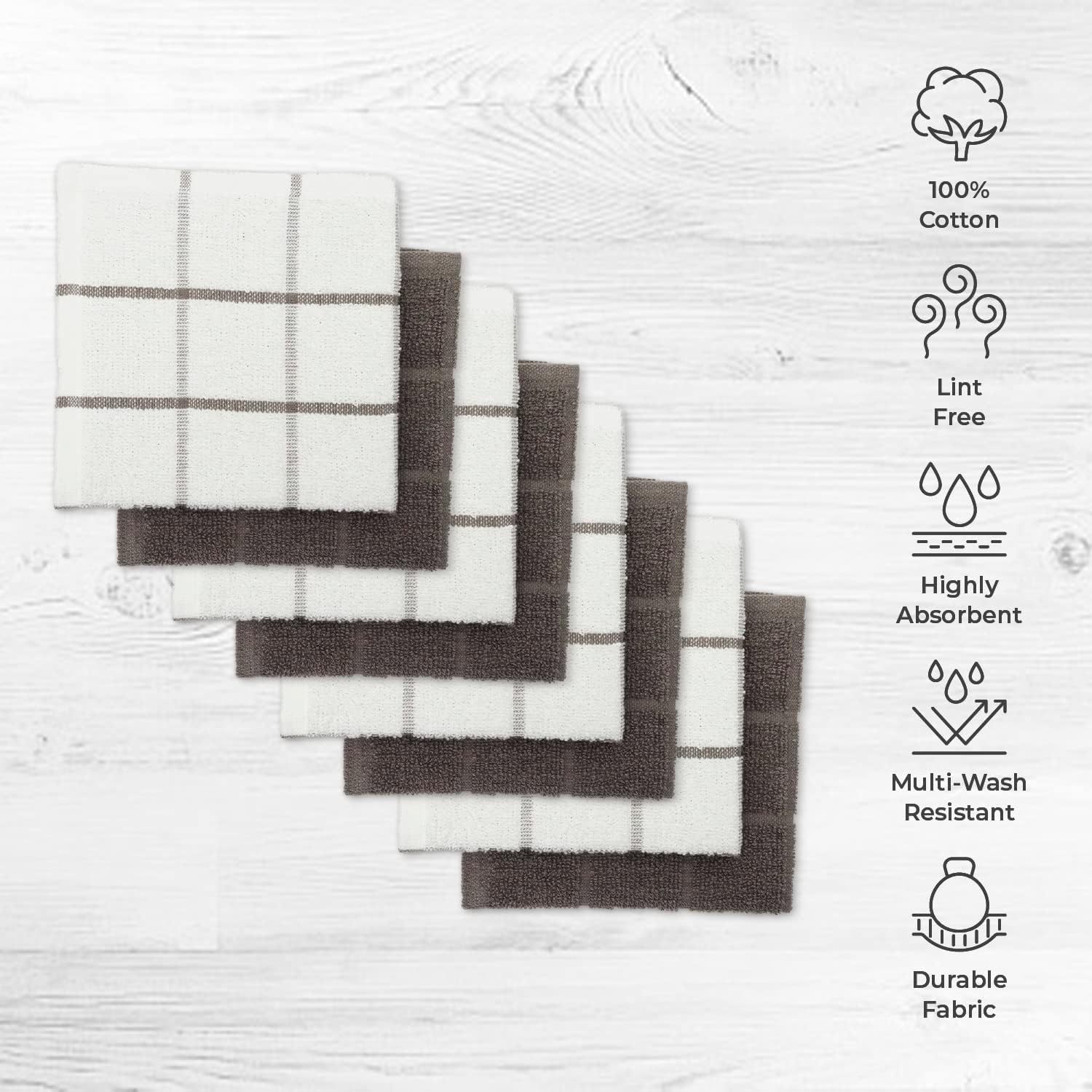 100% Cotton Terry Dish Cloth & Dish Towel, 6 Pack, Super Soft and Absorbent Kitchen Towels, Perfect for Kitchen Cleaning and Dish Washing (Grey (Solid and Checks) 8 Pack)