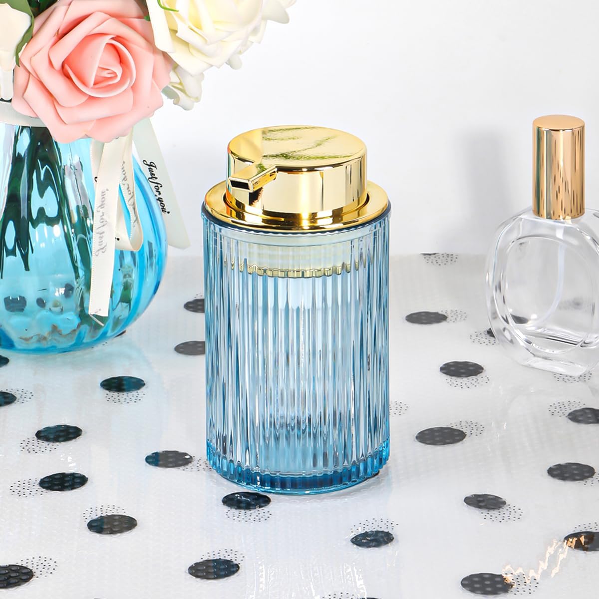 Blue Foaming Soap Dispenser, 12 Oz Glass Foaming Hand Soap Dispenser with Gold Pump, Bathroom Refillable Liquid Lotion Container Pump Ribbed Bottle for Kitchen Bathroom Decor, 1pc