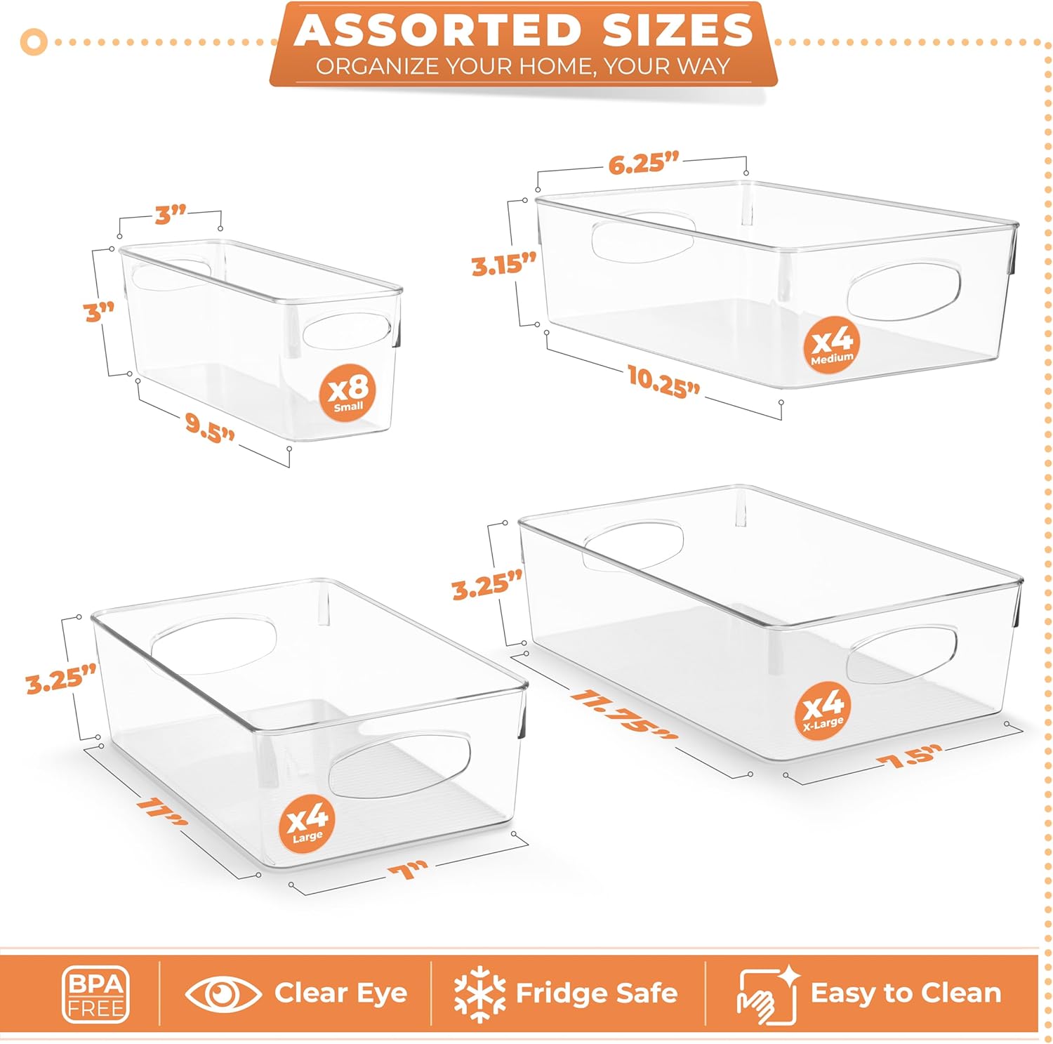 Sorbus Clear Plastic Storage Bins for Organizing, 20 Pack Clear Organizer Bins with Handles, Plastic Storage Bins for Closet, Pantry, Fridge, Medicine Cabinet Organizer, Shelves, Freezer, Drawer