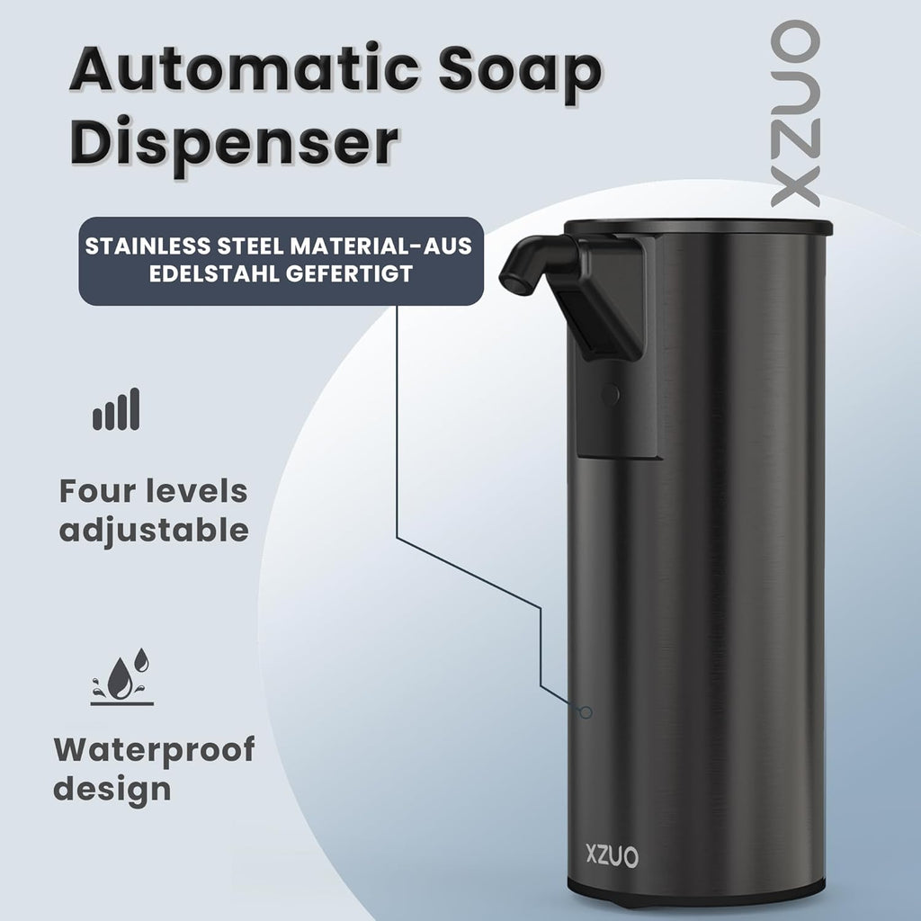 Automatic Soap Dispenser Touchless 11.8oz/350ml Four-Level Adjustable Dispenser Volume，Stainless Steel Material,Battery Powered for Wide Compatibility in Kitchen, Bathroom, Hotel & Office(Black)