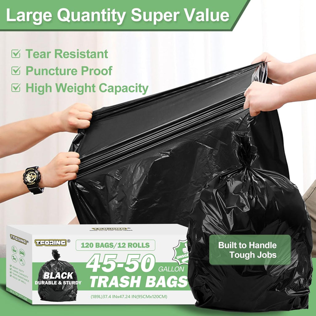 45-50 Gallon Black Trash Bags 120 Count - 38''x47'' Large Garbage Bags Unscented, 40+ Gallon Trash Can Liners, Multipurpose for Office, Outdoor, Yard and Commercial