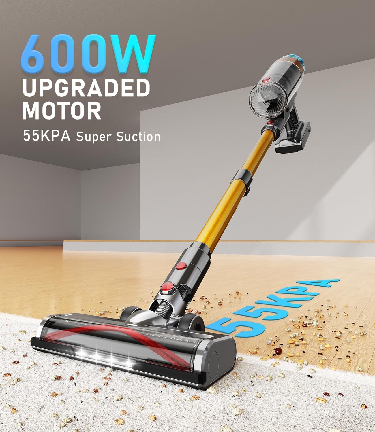 Cordless Vacuum Cleaner for Home 600W 55Kpa Upgraded Powerful Stick Vacuum Up to 60Mins, Anti-Tangle & Wall Mount Charging, 8 in 1 Lightweight Vacuum Cleaners for Home/Pet Hair/Carpets/Floors