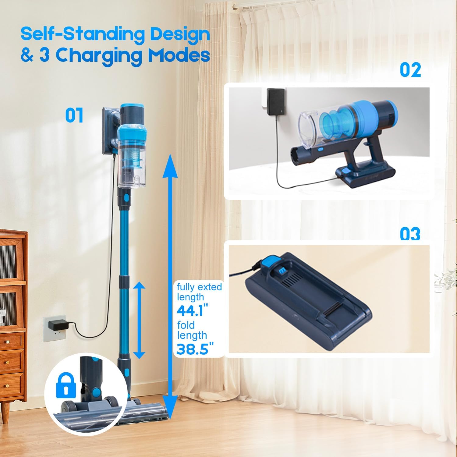 Cordless Vacuum Cleaner, 250W/38kPa/65Mins-8-in-1 Stick Vacuum Cleaners for Home Rechargeable for Pet Hair/Rugs/Hard Floors| 1.2L Dustbin, Anti-Tangle | Self-Standing, Ideal for Car, Apartment