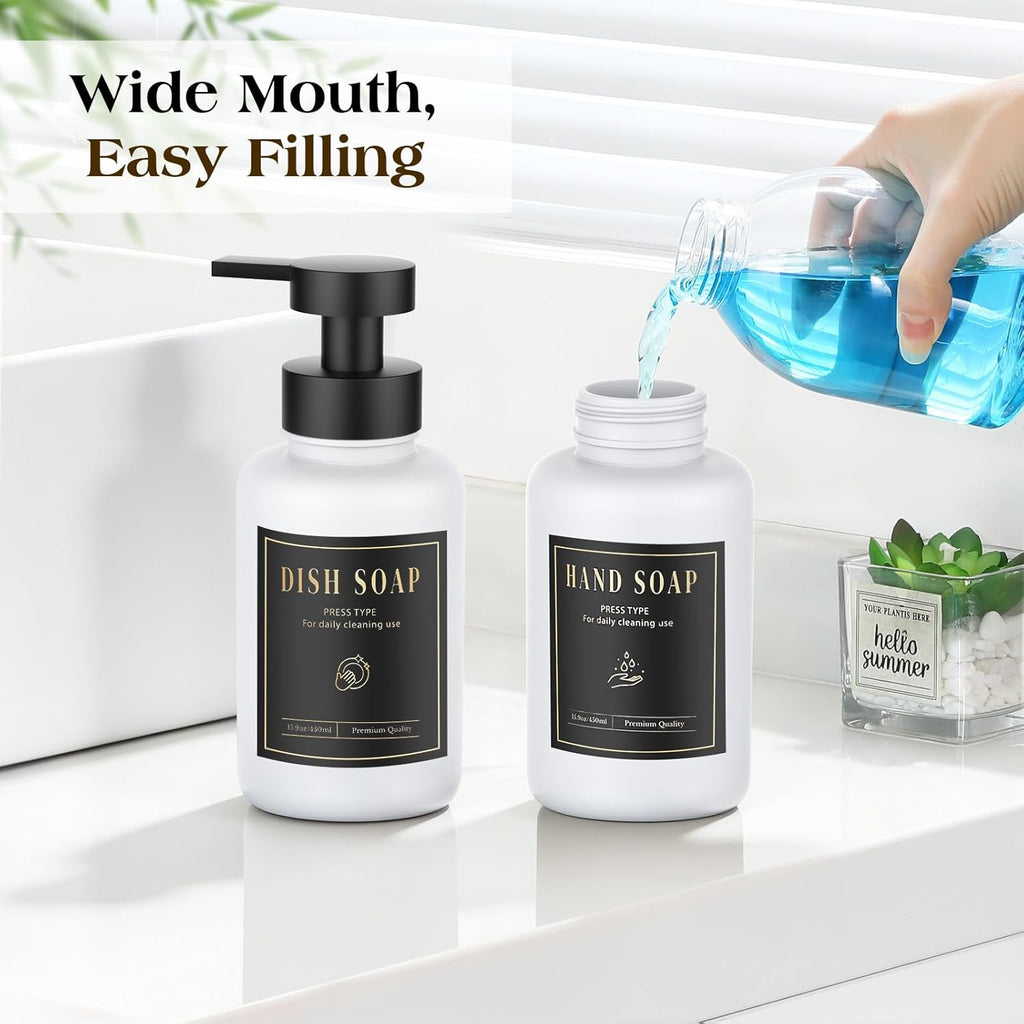 Luxspire Foaming Soap Dispenser, Glass Foam Pump Soap Dispenser, Non-Slip Hand Soap Container with 5 Waterproof Labels, 15 Oz Refillable Liquid Soap Holder for Bathroom & Kitchen, White, 2 Pack