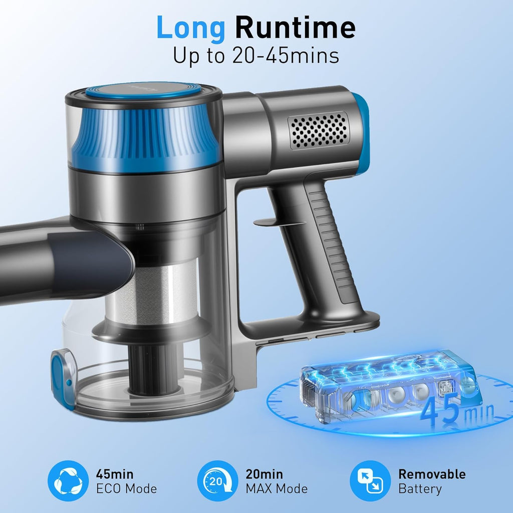 250W 25KPa Suction Cordless Vacuum Cleaner, 6-in-1 Lightweight Stick Vacuum with LED Display & Detachable Battery, 45 Mins Runtime for Hard Floor, Carpet, Pet Hair, Car Cleaning