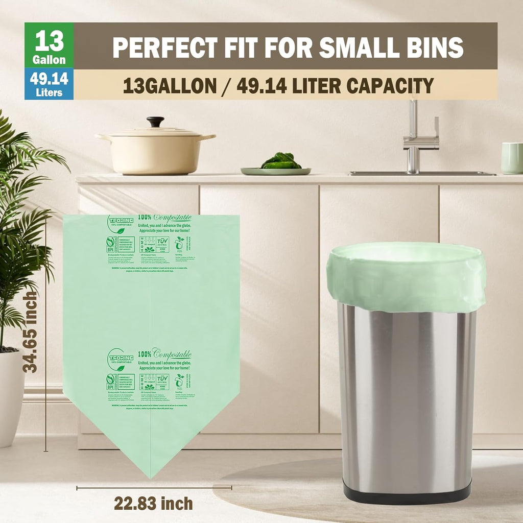 Compostable Trash Bags, 13 Gallon / 49.2 Liter, 45 Count, Extra Thick 0.9 Mil Tall Kitchen Food Scrap Bin Liners, Certified by BPI, CMA & OK compost HOME
