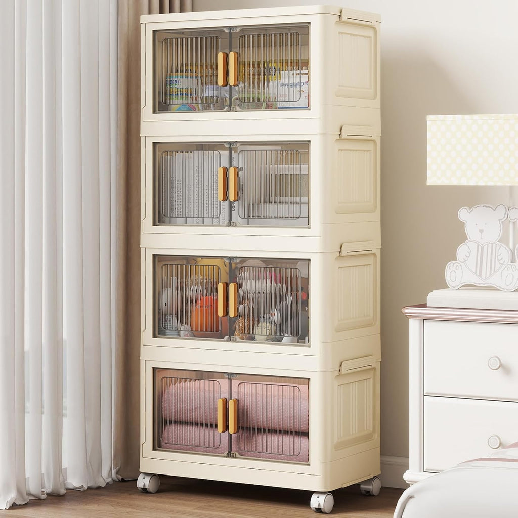 4 Tier Stackable Plastic Storage Bins with Lids 48QT, Collapsible Closet Organizers and Storage with Wheels for Living Room,Office,Dorm