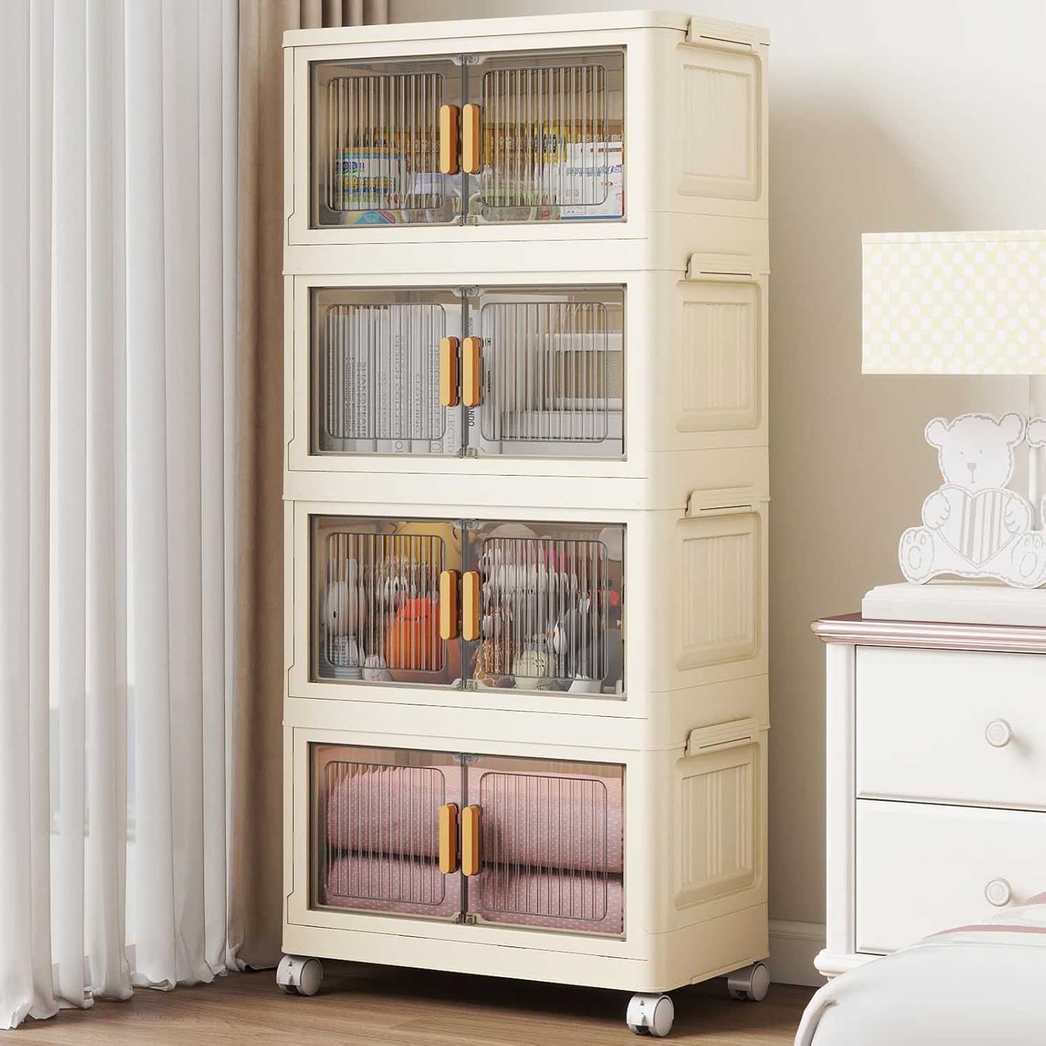 4 Tier Stackable Plastic Storage Bins with Lids 48QT, Collapsible Closet Organizers and Storage with Wheels for Living Room,Office,Dorm