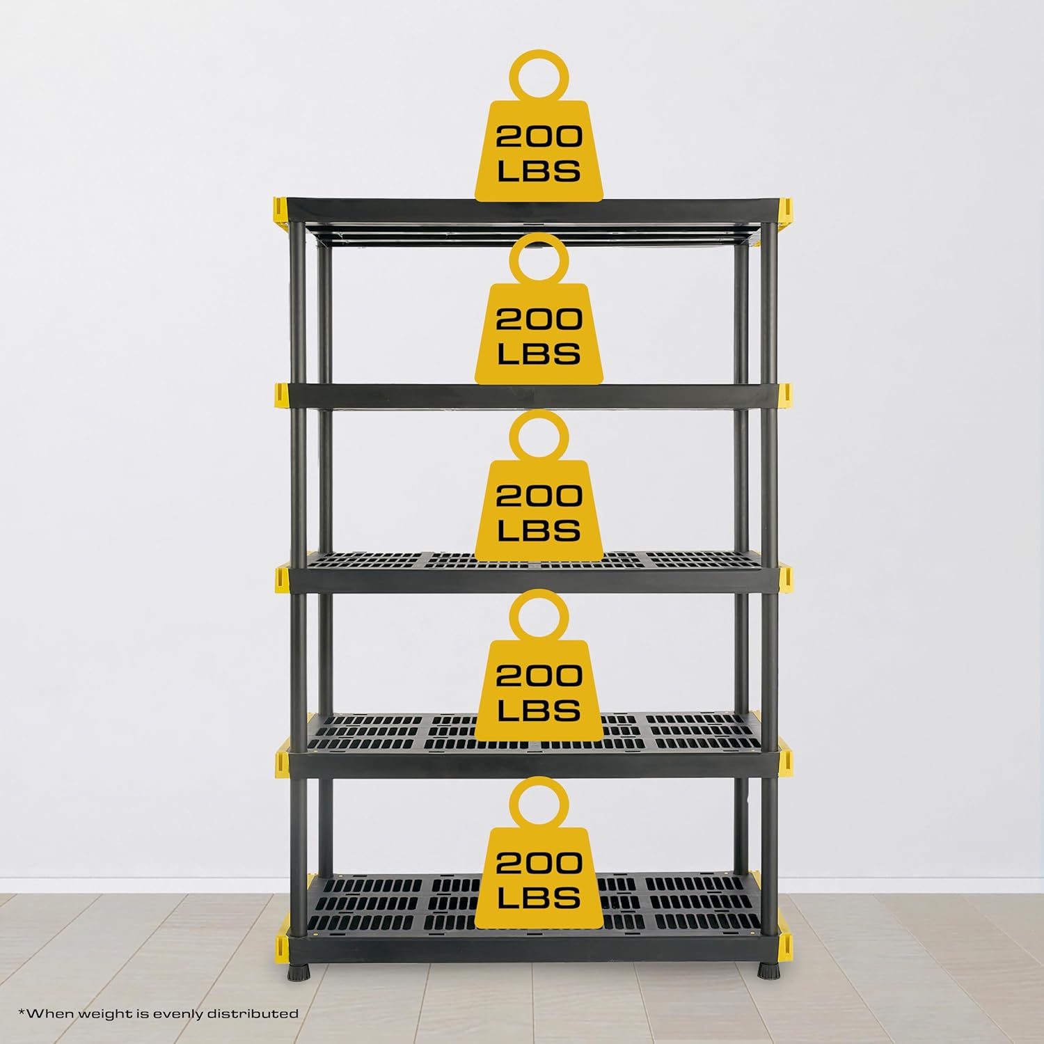 CX Black & Yellow®, 5-Tier Heavy Duty Plastic Storage Shelving Unit, 200lbs/shelf (72”H x 48”W x 20”D), for Indoor/Outdoor Organization, Modular Rack