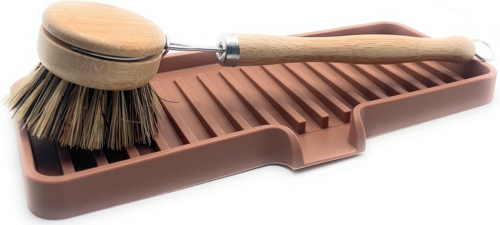 Happitasa Silicone Soap Dish Tray and Sponge Holder with Drain Chute | Bathroom and Kitchen Sink Organizer Caddy (Mocha, 9"x3.5", 5.6 Ounces)