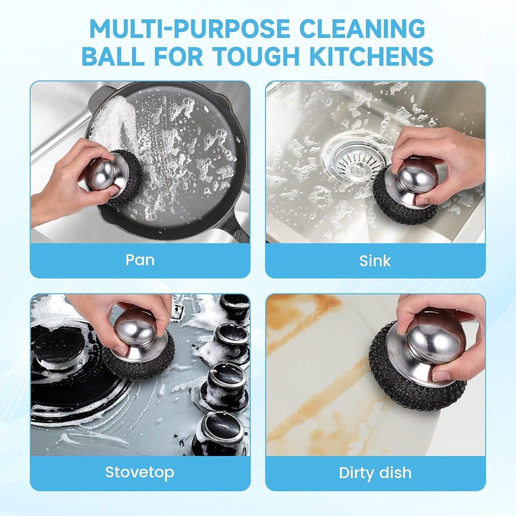 6Pcs Steel Wool Scrubber, Stainless Steel Scrubber with Handle for Cleaning Kitchen and Household Stubborn Messes from Stoves Pans Pots Grill Sink with Replacement Wire Brush Set (2 Pcs+4 Replacement)