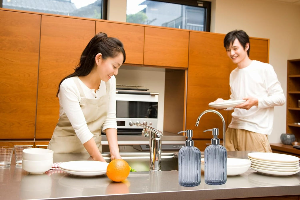 Grey Glass Soap Dispenser 18 oz, 2 Pack Hand Dish Soap Dispensers Bathroom with Stainless Steel Pump, Refillable Kitchen Liquid Decorative Bottles for Hand Sanitizer, Lotion