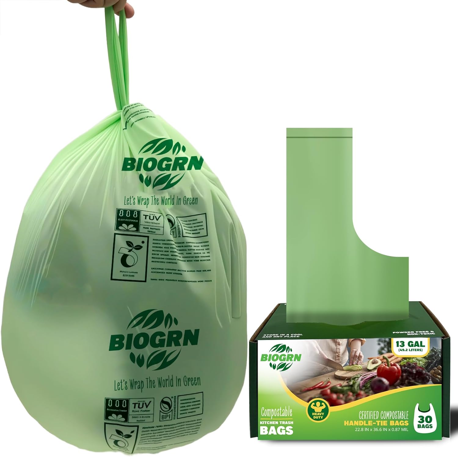 10-13 Gallon Compostable Trash Bags with Handles 30 Bags compost bags Food Scrap Green Waste Bags Thick 0.87 Mil 49.21 Liter ASTM D6400, US BPI and OK Compost Home Certified