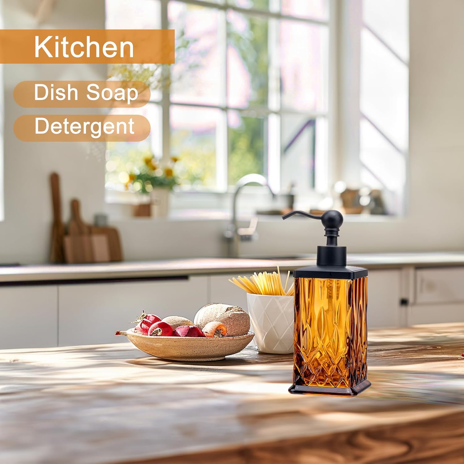 10Oz Amber Glass Soap Dispenser,Heavy Glass & Leak-Proof Rust-Resistant Pump for Kitchen Dish Soap, Bathroom Hand Wash,Vanity Essential Oil,Luxury Bath Decor(Square)