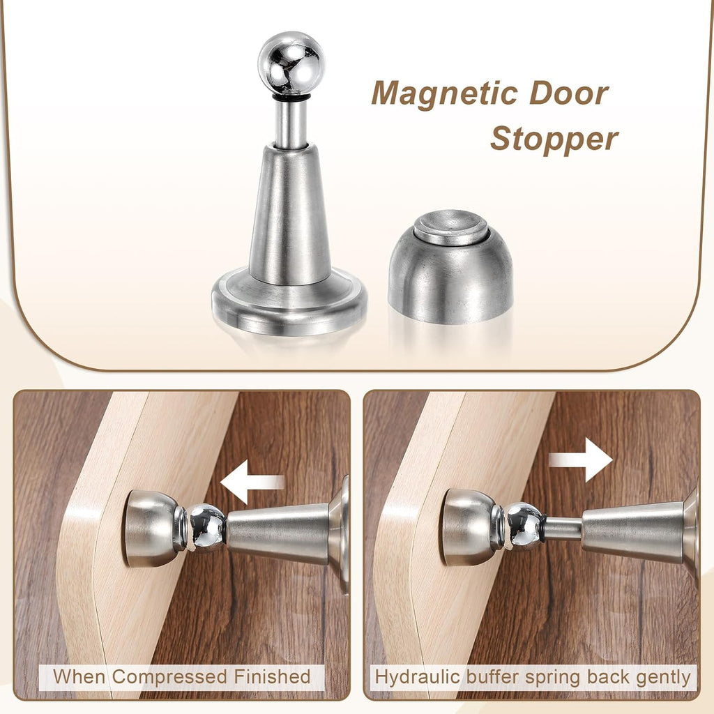 uxcell 2Pcs Magnetic Door Stopper, 304 Stainless Steel Magnetic Door Stop Catch, Soft-Catch Brushed Nickel Hold Door Open Wall Mount for Bottom of Door, Silver