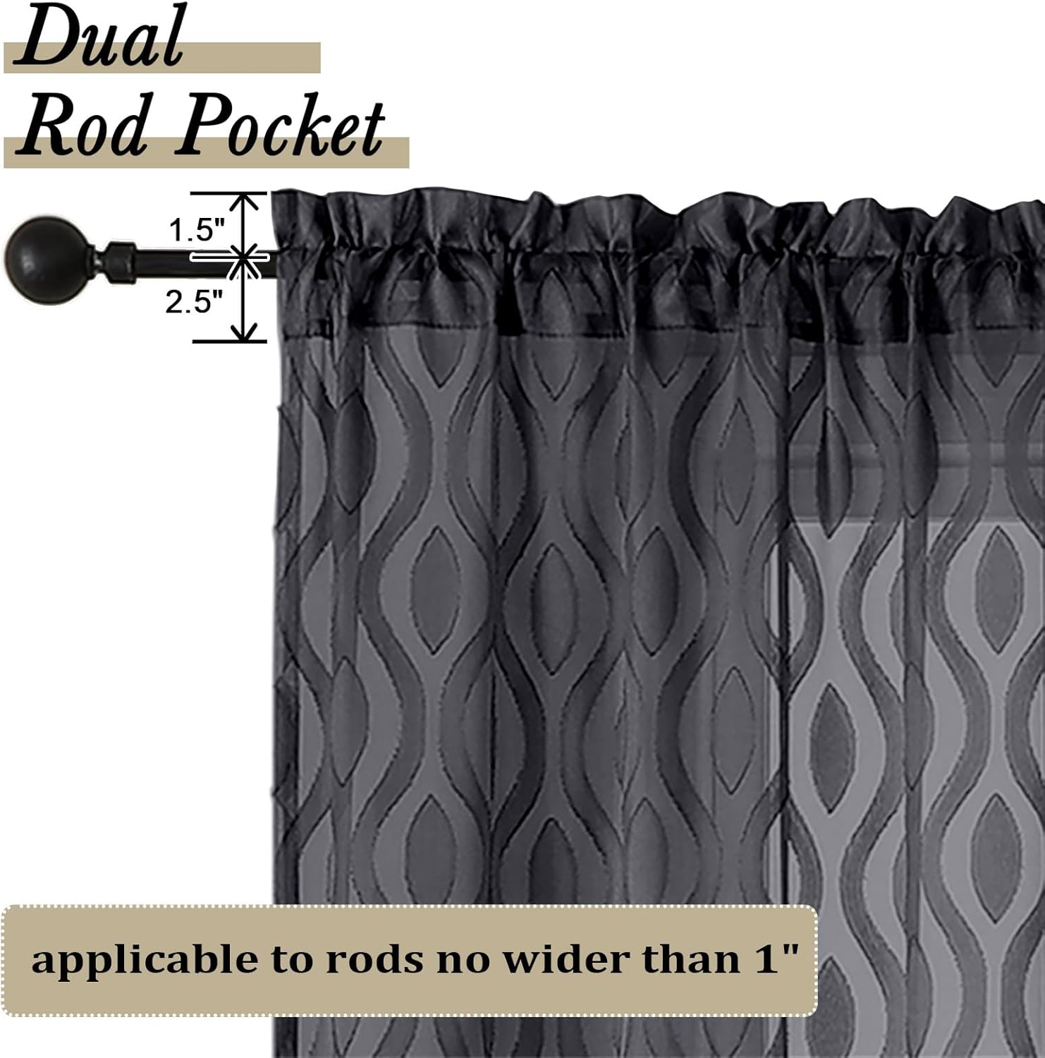 Aiyufeng Sheer Curtains 54 Inch Length 2 Panels, Soft Lightweight Clip Jacquard Textured Black Curtains for Bedroom Living Room, Modern Wavy Line Solid Voile Sheer Drapes, 40" Wx54 L Inches