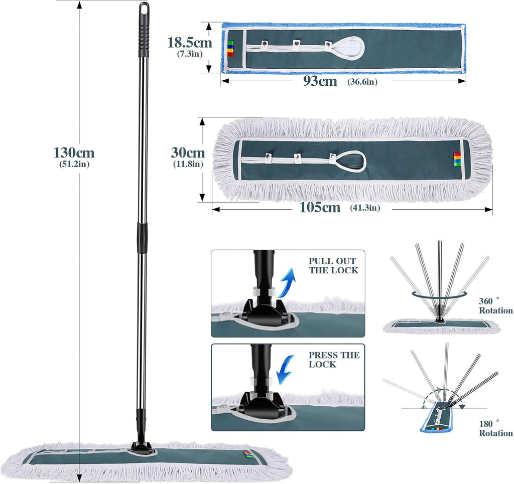 42" Commercial Dust Mop,Masthome Heavy Duty Industrial Mop with 1 Cotton & 1 Microfiber Pad,Dust Mops for Floor Cleaning,Wet & Dry Use Commercial Mop for Hardwood Floors,Tiles,Marble Floors