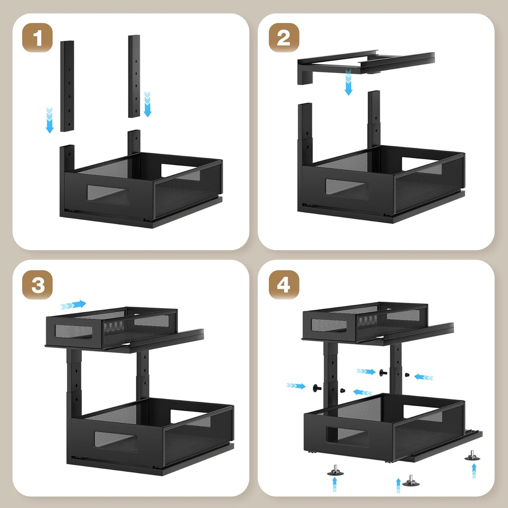1 Pack 15.74IN-Depth Under Sink Organizer With Next-Gen Ball-Bearing Slides,2-Tier Pull Out Cabinet Storage,Height Adjustable Drawer Shelf for Bathroom,Kitchen,Laundry,Cabinet,Pantry-Black