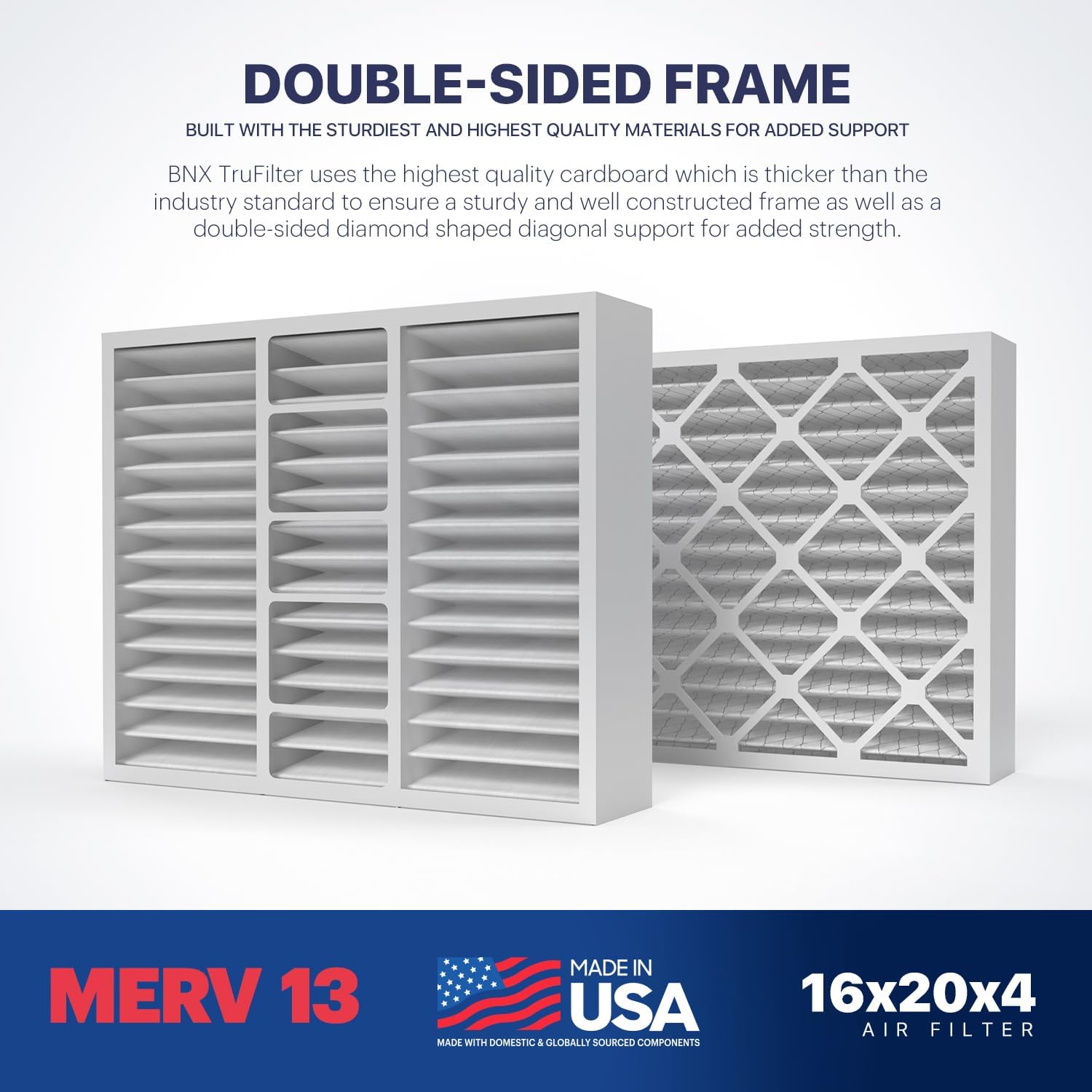 BNX TruFilter 16x20x4 (15.5’’ x 19.5’’ x 3.63‘’ Slim Fit) MERV 13 Air Filter (2-Pack) - MADE IN USA - Air Conditioner HVAC AC Furnace Filters Health, Allergies, Mold, Bacteria, Smoke, MPR 1900 FPR 10