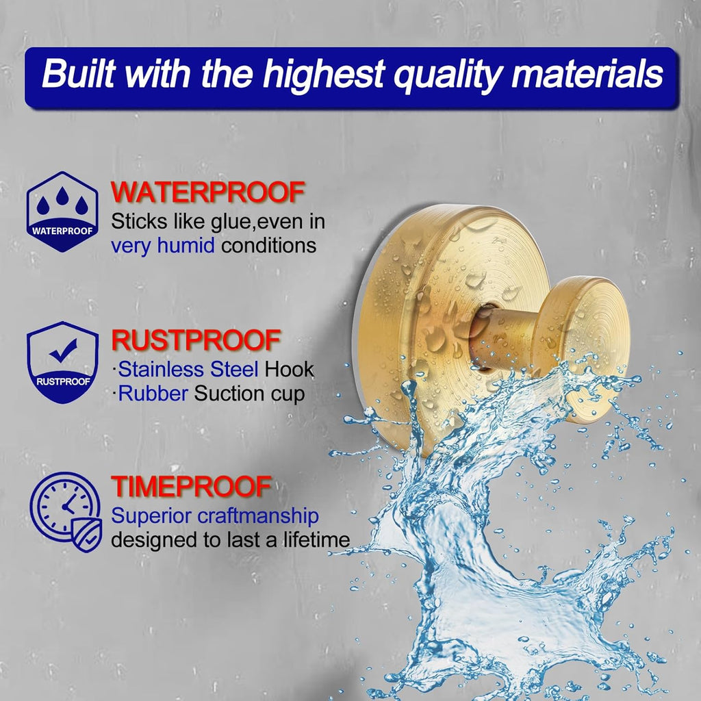 Suction Cup Hooks for Shower, Removable Towel Hooks for Bathroom Window Glass Door Wall, Bath Robe Looafh Hook for Hanging - 4 Pack, Gold1