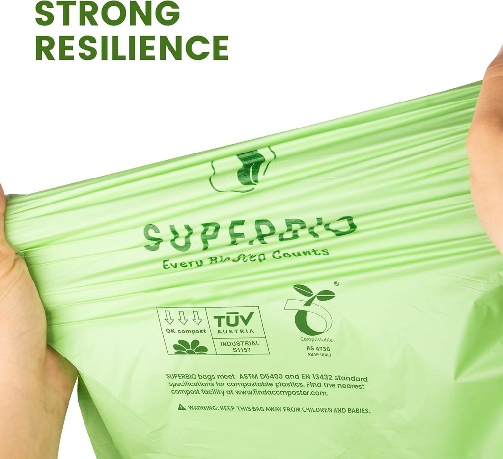 SUPERBIO 13 Gallon Compostable Drawstring Kitchen Waste Bag, 49.2 Liter, 30 Count,1 Mil, Heavy Duty Food Scrap Bags, BPI, Seedling and OK compost INDUSTRIAL
