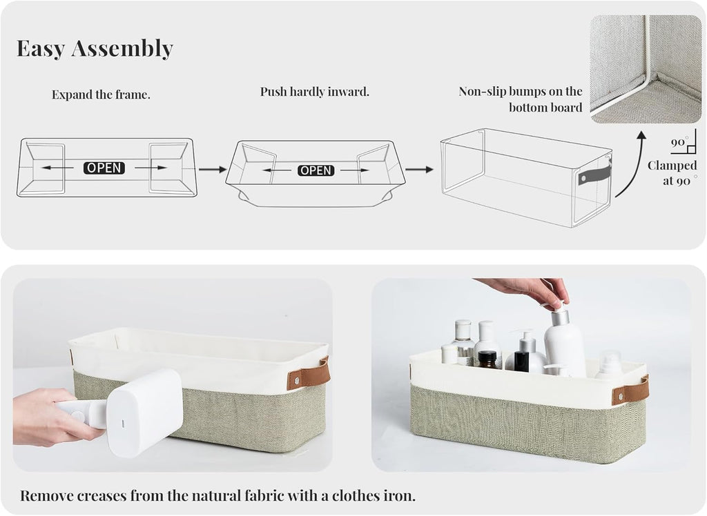 StorageWorks Narrow Storage Bins, Small Basket for Closet and Shelves, Fabric Organizer with Handles, Toilet Paper Storage, Green and White, 2-Pack