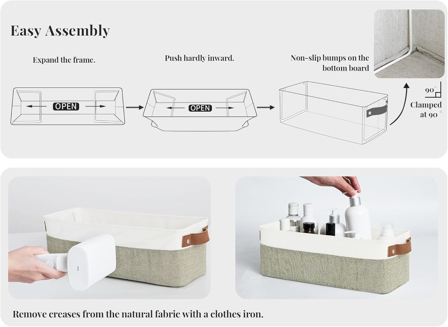 StorageWorks Narrow Storage Bins, Small Basket for Closet and Shelves, Fabric Organizer with Handles, Toilet Paper Storage, Green and White, 2-Pack