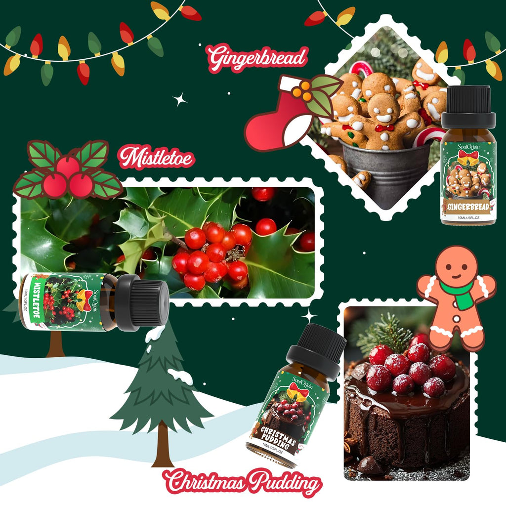 Christmas Essential Oils Set, Fragrance Oil Set for Diffuser, Scent Diffuser Oil for Candle Making-Christmas Cake, Eggnog, Candy Canes, Gingerbread, Mistletoe, Christmas Pudding