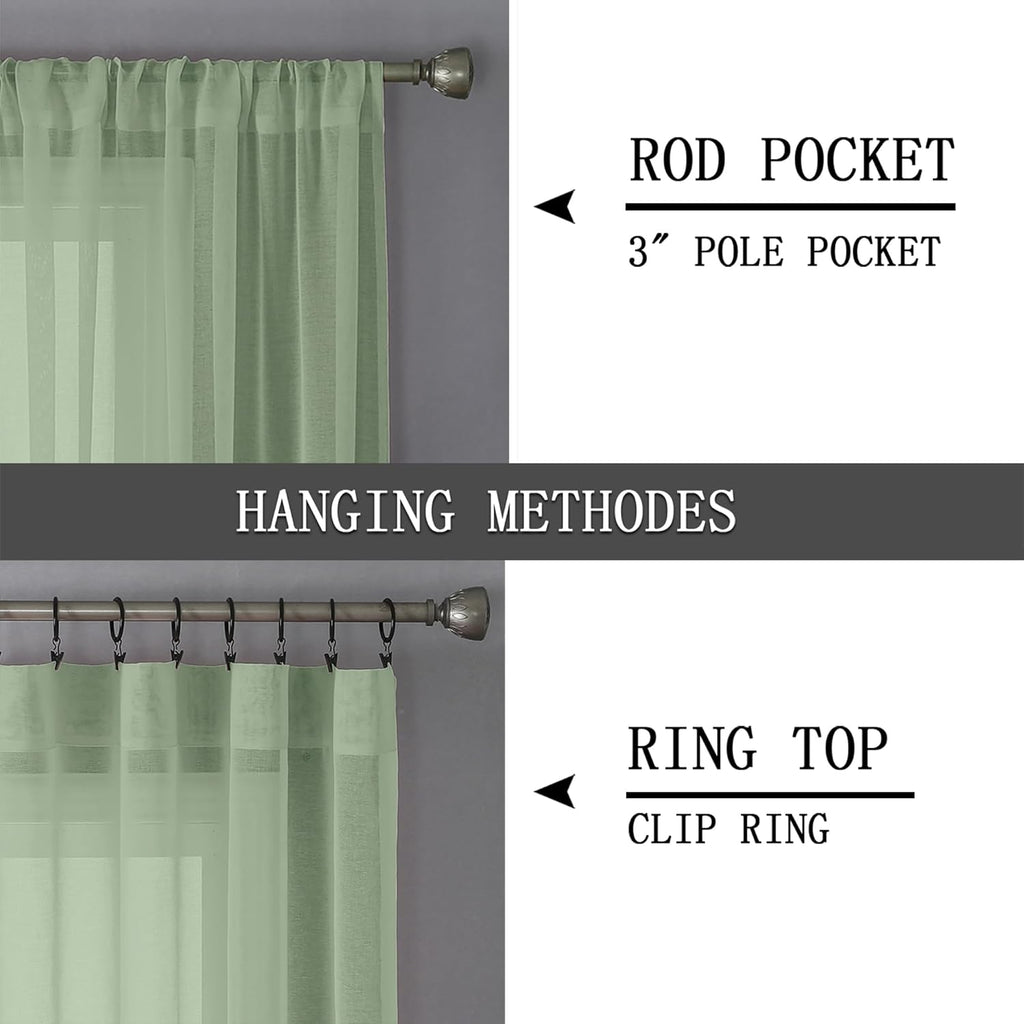 Tollpiz Short Sheer Curtain Living Room Linen Textured Curtains Sheer Light Filtering Voile Rod Pocket Curtain for Bedroom, 38 x 54 inches Long, Sage Green, Set of 2 Panels