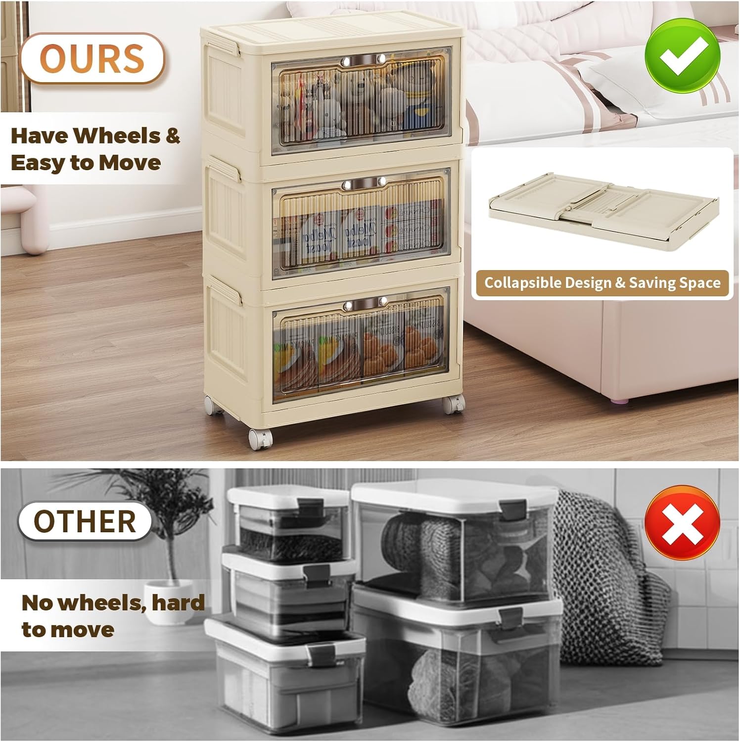 3 Tier - 34QT Storage Bins with Lids, Collapsible Storage Bins with Doors and Wheels, Plastic Storage Cabinet for Easy Storage and Organization for Living Room, Office