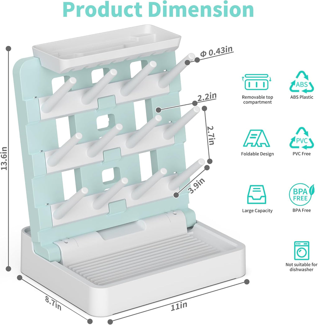 Baby Bottle Drying Rack, Vertical Standing Bottle Dryer Rack Holder-Space Saving Baby Bottle Drying Rack for Countertop-Holds Up to 12 Baby Bottles & Cup(Blue & White)