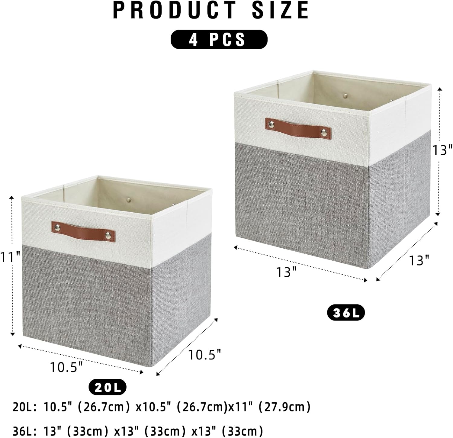 Collapsible Fabric Storage Cube Bins with 2 Reinforced PU Handles, Foldable Storage Organizer Baskets for Closet, Shelves, Living Room | 13"x13"x13", 4 Pack, Gray & White