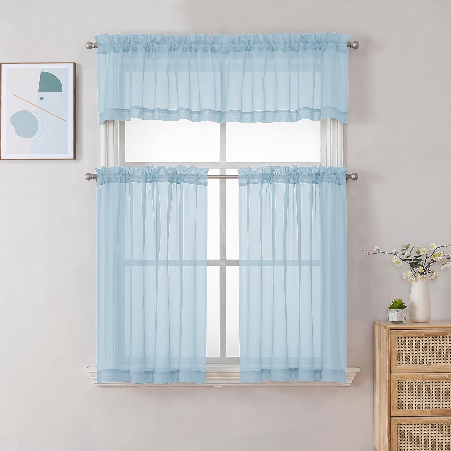 Chyhomenyc Light Blue Sheer Valances for Windows 2 Pack, Small Window Curtains for Living Room Bathroom Cafe Laundry Basement, Modern Top Dual Rod Pocket Voile Curtain, 42W x 14L inches, Sky Blue