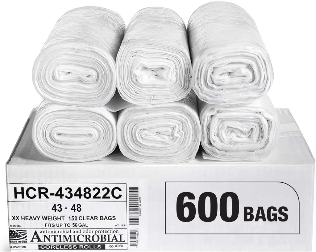 Aluf Plastics High Density Trash Bags, 56 Gallon, 600 Count, 22 Micron (eq), 43" x 48", Clear, for Bathroom, Office, Industrial, Commercial, Janitorial, Municipal, Recycling