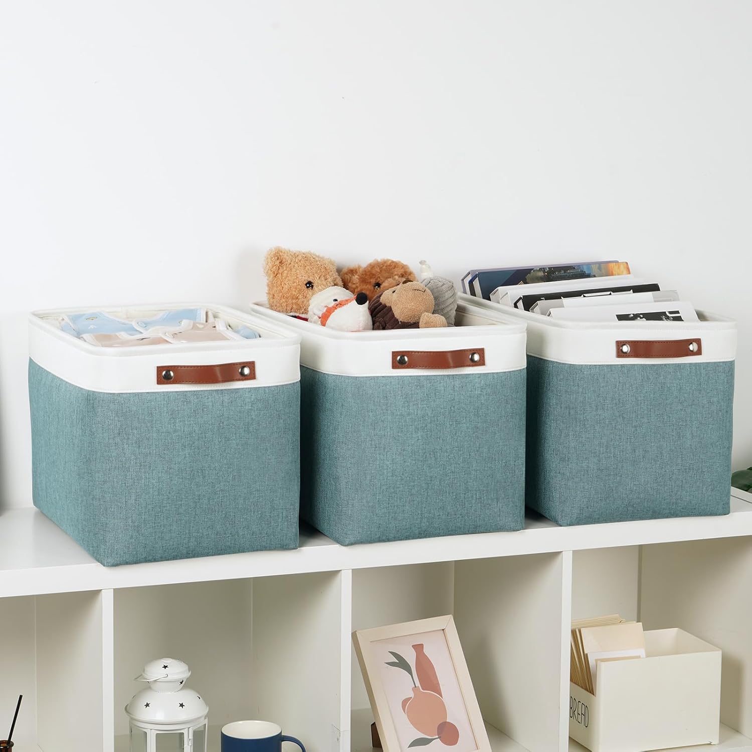 DULLEMELO Large Storage Baskets, Storage Basket with Handles for Shelves, Linen Closet Organizers for Home Office, Decorative Storage Baskets for Toys Storage (3 Pack, White&Deep Green)