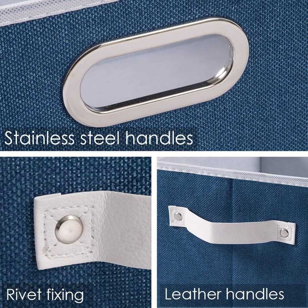 PRANDOM Large Collapsible Storage Baskets for Closet [5-pack] Decorative Fabric Storage Bins Cubes with Leather/Metal Handles for Shelves Bedroom Living Room Royal Blue (14.9x9.8x8.3 Inch)